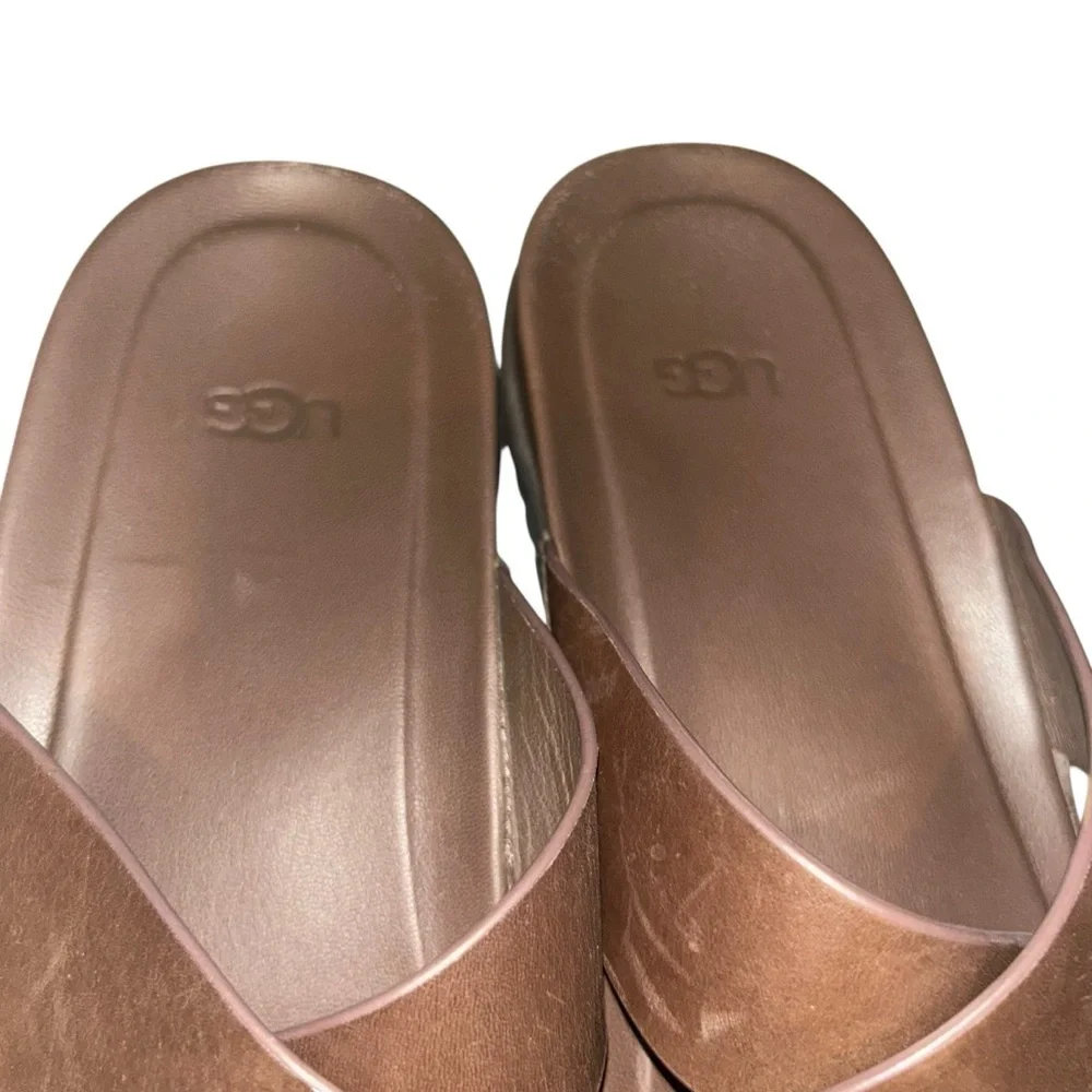 Men UGG Wainscott Slide Brown Leather Sandals slip on shoes size 11 flip flops